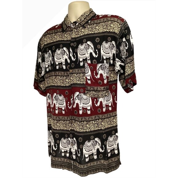 All Over Elephant Graphic Print Mens Button Up Camp Shirt Large Pocket Cotton - Picture 3 of 6